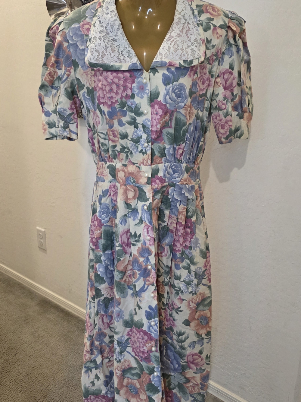 Vintage 80’s Robert Daniel Floral Long Dress Shawl Collar Sz 8 Made in USA
